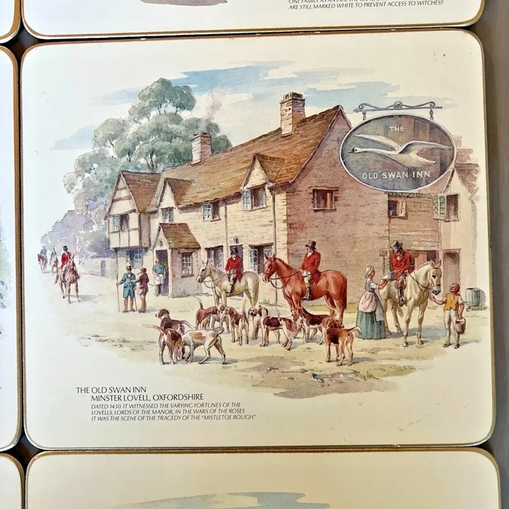 Vintage Cloverleaf Table Mats Set Olde Inns of England Cork Backed Placemats Set
